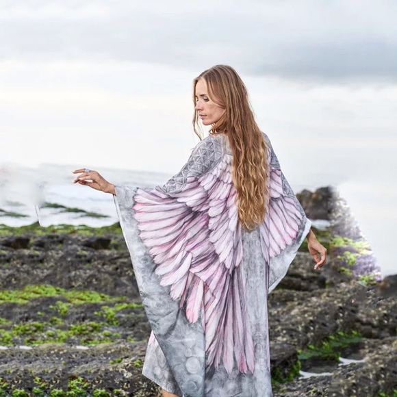 Amethyst Sheer Chiffon Angel Wings Feather Kaftan - Picture 3 of 4